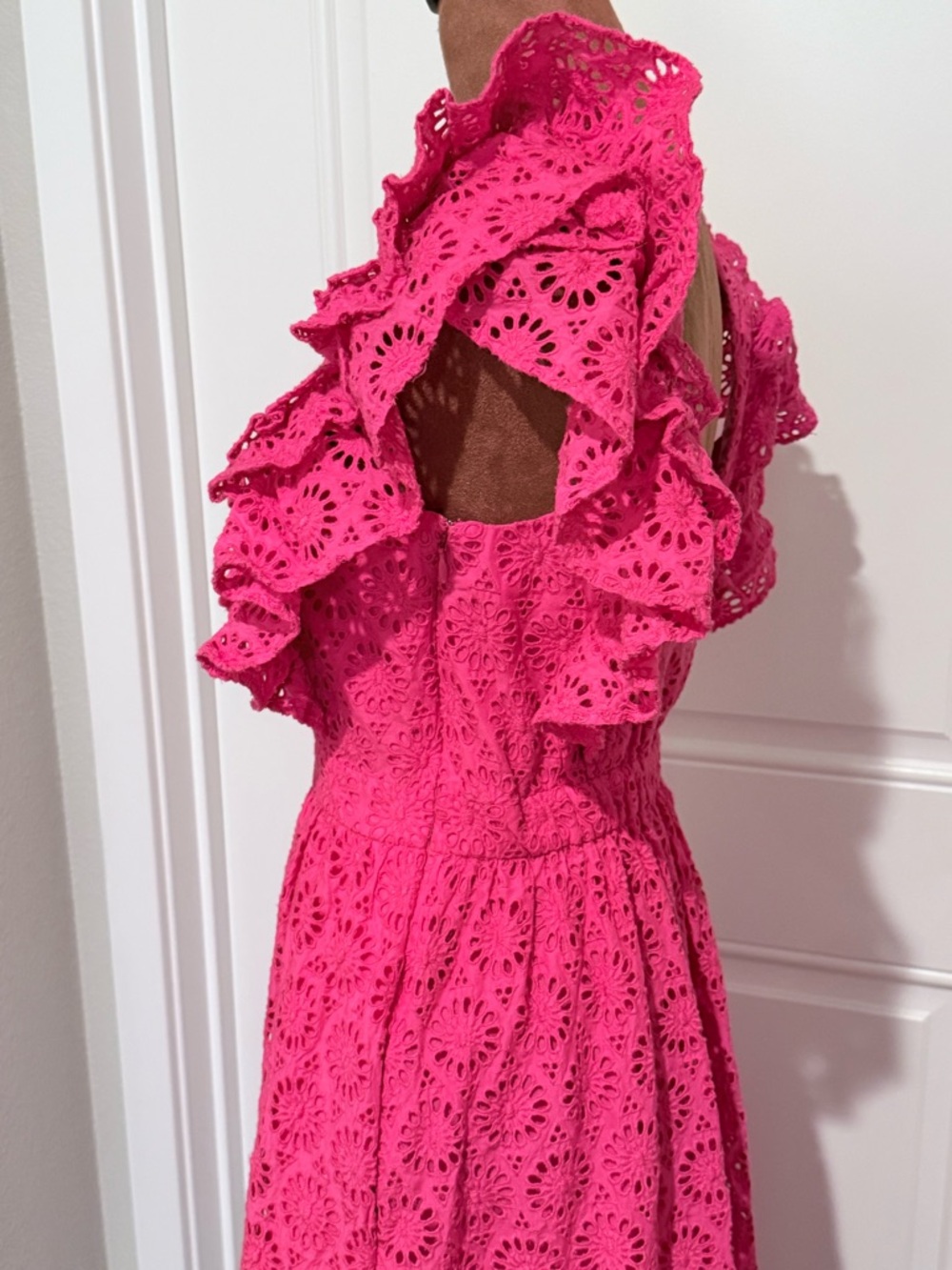 NWT J.Crew Pink Eyelet Midi Dress Ruffle Sleeve Button Front Summer Dress - Picture 6 of 15